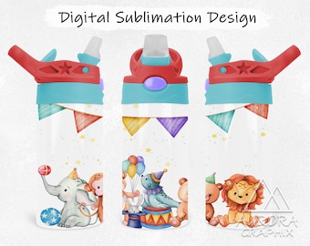 Circus Animals - Digital 12oz Kids Water Bottle Tumbler Wrap Sippy Cup Carnival Tapered Straight Sublimation Design PNG Instant Download