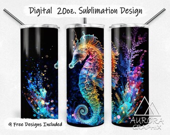 Seahorse - Digital 20oz Skinny Tumbler Wrap Colorful Ocean Sea Floral Seamless Tapered Straight Sublimation Design PNG Instant Download
