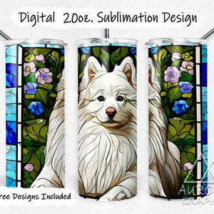 Stained Glass Eskie Samoyed - Digital 20oz Skinny Tumbler Wrap Pet Dog Puppy American Eskimo Tapered Straight Design PNG Instant Download