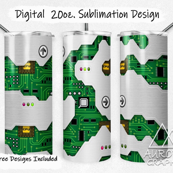 Computer - Digital 20oz Skinny Tumbler Wrap Coding Tech Gamer CPU Mother Board I.T. Seamless Tapered Straight Design PNG Instant Download