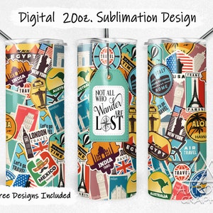 Rund um die Welt - Digital 20 Unzen Skinny Tumbler Wrap Koffer Aufkleber Reisen nahtlose konische gerade Design PNG Instant Download