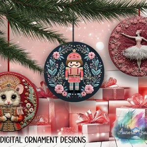 May include: Three digital ornament designs featuring a nutcracker, a ballerina, and a mouse. Each ornament is circular and has a red, pink, and blue color scheme. The ornaments are surrounded by a festive Christmas background.