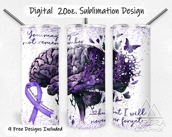 Dementia Awareness -Digital 20oz Skinny Tumbler Wrap Purple Awareness Ribbon Seamless Taper Straight Sublimation Design PNG Instant Download