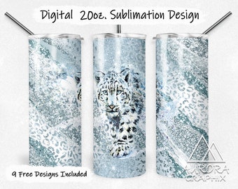 Snow Leopard - Digital 20oz Skinny Tumbler Wrap Milky Way Baby Blue Seamless Tapered Straight Sublimation Design PNG Instant Download