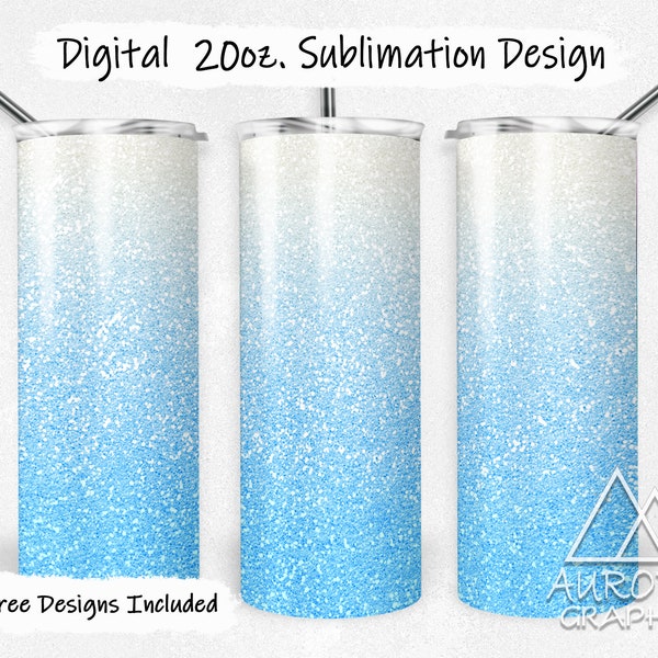 Baby Blue Ombre - Digital 20oz Skinny Tumbler Wrap Glitter Fade Seamless Tapered Straight Sublimation Design PNG Instant Download