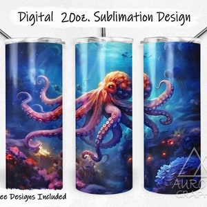 Puede incluir: Un diseño de sublimación para un vaso de 20 oz. con un pulpo colorido con tentáculos que se extienden en una escena submarina azul y morada. El diseño incluye corales y otras criaturas marinas.
