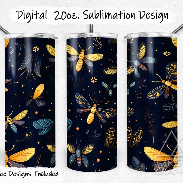 Fireflies - Digital 20oz Skinny Tumbler Wrap Nocturnal Night Sky Insect Firefly Seamless Pattern Taper Straight Design PNG Instant Download