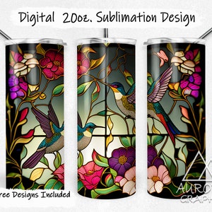 Hummingbirds - Digital 20oz Skinny Stained Glass Tumbler Wrap Floral Flower Bird Seamless Tapered Straight Design PNG Instant Download