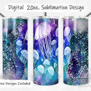 May include: A sublimation design for a 20oz tumbler featuring a galaxy-like background with glowing jellyfish in shades of blue, purple, and white. The design includes glitter accents and the text "Digital 20oz. Sublimation Design".