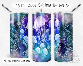 Jelly Fish - Digital 20oz Skinny Tumbler Wrap Ocean Sea Glitter Seamless Tapered Straight Sublimation Design PNG Instant Download