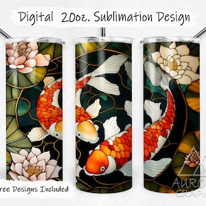 Japanese Koi Fish - Digital 20oz Skinny Stained Glass Tumbler Wrap Floral Fish Pond Tapered Straight Sublimation Design PNG Instant Download