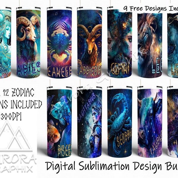 Full Zodiac Set - Digital 20oz Skinny Tumbler Wrap Galaxy Horoscope All Signs Tapered Straight Sublimation Design PNG Instant Download
