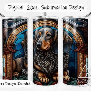 Stained Glass Dachshund Doxie - Digital 20oz Skinny Tumbler Wrap Cute Weiner Dog Tapered Straight Sublimation Design PNG Instant Download