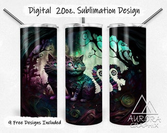 Könnte beinhalten: Ein Sublimationsdesign für einen 20 oz Tumbler mit einer fantasievollen, bunten Katze mit wirbelnden Mustern und einem dunklen, waldartigen Hintergrund. Das Design enthält den Text "Digital 20oz. Sublimation Design" und "9 Free Designs Included".