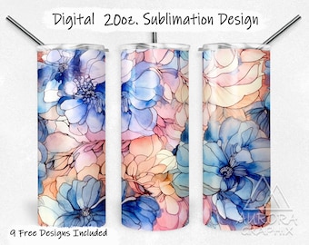 Watercolor Flowers - Digital 20oz Skinny Tumbler Wrap Seamless Alcohol Ink Floral Pattern Straight Sublimation Design PNG Instant Download