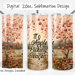 Puede incluir: Diseño de sublimación para un vaso de 20 onzas con un manzano con manzanas rojas y el texto "It's Apple Picking Season".
