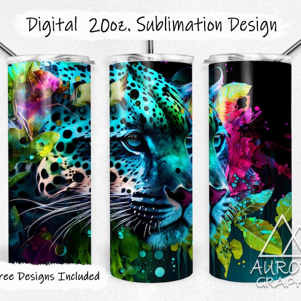 Neon Leopard - Digital 20oz Skinny Tumbler Wrap Rainbow Cheetah Jungle Alcohol Ink Tapered Straight Sublimation Design PNG Instant Download