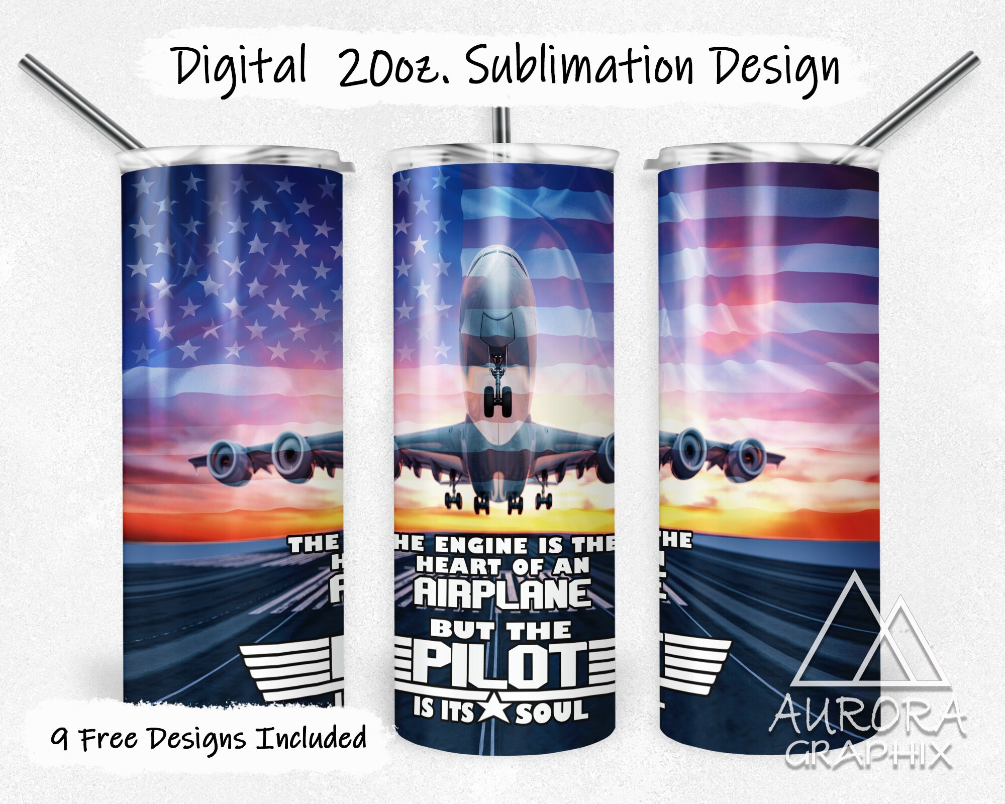 Airplane Pilot - Digital 20oz Skinny Tumbler Wrap American Flag Seamless Tapered Straight Sublimation Design PNG Instant Download