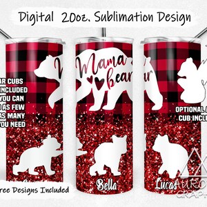 Mama Bear - Digital 20oz Skinny Tumbler Wrap Buffalo Plaid Red Mother Seamless Tapered Straight Sublimation Design PNG Instant Download