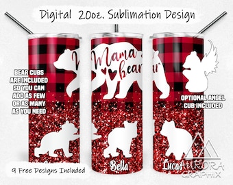 Mama Bear - Digital 20oz Skinny Tumbler Wrap Buffalo Plaid Red Mother Seamless Tapered Straight Sublimation Design PNG Instant Download