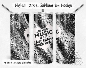 Music Notes - Digital 20oz Skinny Tumbler Wrap Milky Way Glitter Funny Seamless Tapered Straight Design Design PNG Instant Download