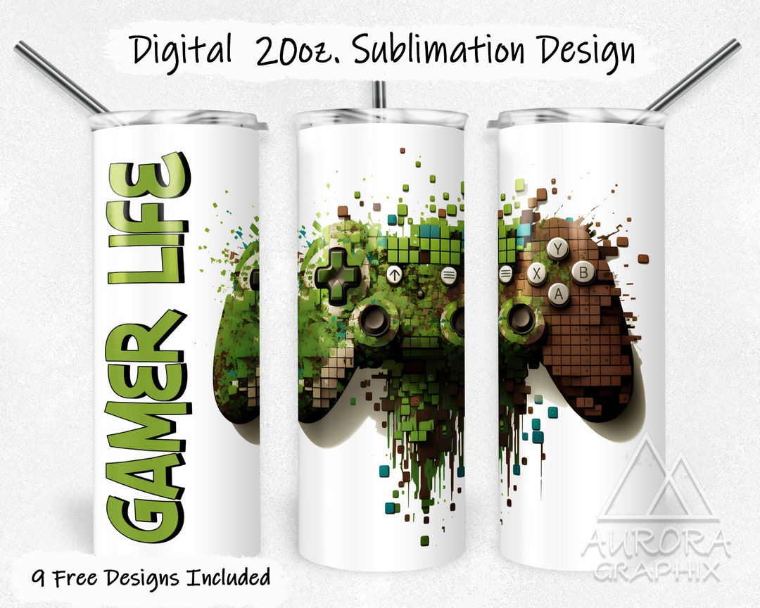 Gamer Life - Digital 20oz Skinny Tumbler Wrap Pixels Video Gaming ...