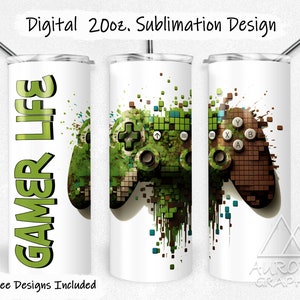 Puede incluir: Vaso de sublimación blanco de 591 ml con un diseño de mando de videojuego pixelado verde y marrón. Las palabras "GAMER LIFE" están en verde. Incluye una pajita plateada. El texto "Digital 20oz. Sublimation Design" está en la parte superior.