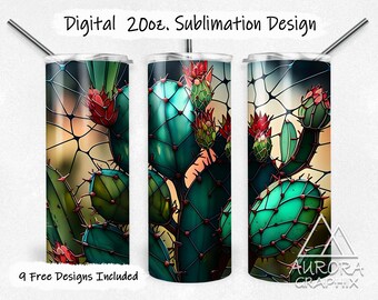Cactus - Digital 20oz Skinny Stained Glass Tumbler Wrap Dessert Flowers Floral Plants Taper Straight Sublimation Design PNG Instant Download