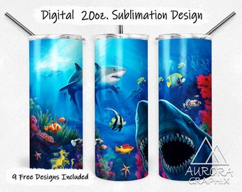 Sharks - Digital 20oz Skinny Tumbler Wrap Great White Ocean Scene Sea Animals Jaws Tapered Straight Sublimation PNG Instant Download