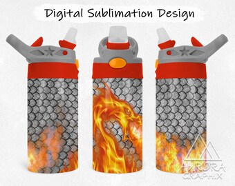 Dragon - Digital 12oz Kids Water Bottle Tumbler Wrap Sippy Cup Fantasy Flame Tapered Straight Sublimation Design PNG Instant Download