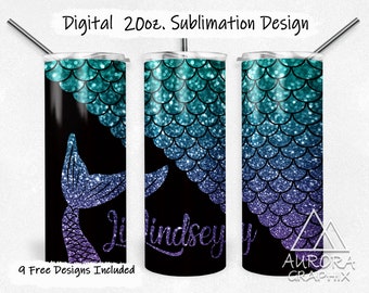 Mermaid Unicorn Purple Girls Kids Sublimation Tumbler Designs 20oz Skinny  Tumbler Wraps Templates PNG Sublimation Designs for Tumblers 