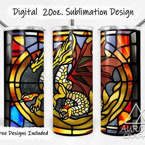 Peut inclure: Un design de sublimation pour un gobelet de 20 oz avec un dragon de style vitrail aux accents rouges, jaunes et bleus. Le texte "Digital 20oz. Sublimation Design" est en haut de l'image. Le texte "9 Free Designs Included" est en bas de l'image.
