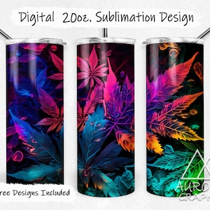 Pode incluir: Design digital de sublimação de 20 oz com um padrão colorido de folhas de cannabis em tons de rosa, azul e laranja sobre um fundo preto. O design inclui o texto "Digital 20oz. Sublimation Design" e "9 Free Designs Included".
