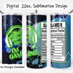 Video Gamer - Digital 20oz Skinny Tumbler Wrap Cant Hear You Gaming Seamless Tapered Straight Sublimation Design PNG Instant Download