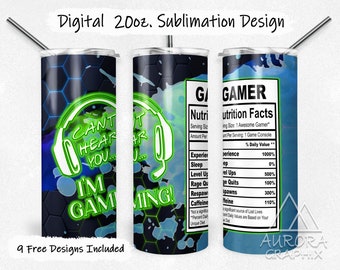 Video Gamer - Digital 20oz Skinny Tumbler Wrap Cant Hear You Gaming Seamless Tapered Straight Sublimation Design PNG Instant Download