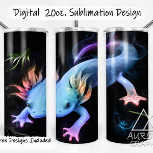 Op de afbeelding: Een sublimatieontwerp voor een 20 oz. tumbler met een kleurrijke axolotl op een zwarte achtergrond. De axolotl wordt omringd door een wervelend, rokerig ontwerp in tinten blauw, paars en oranje.