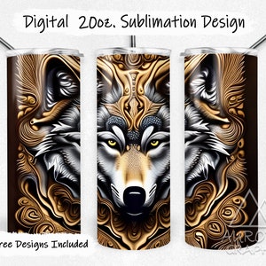 May include: A sublimation design for a 20oz tumbler featuring a wolf's face with intricate gold and black patterns. The design is perfect for creating custom tumblers.