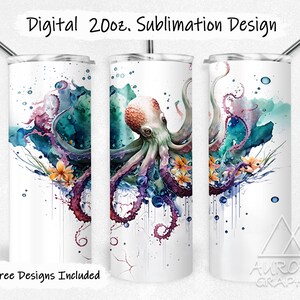 Puede incluir: Un diseño de sublimación para un vaso de 20 oz. con un pulpo de acuarela en colores rosa, morado, azul y verde. El pulpo está rodeado de flores y burbujas. El diseño incluye el texto "9 Free Designs Included".