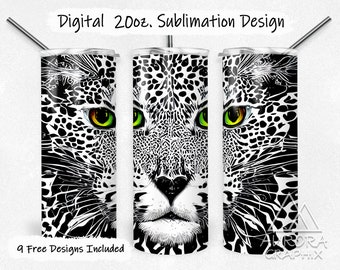 Leopard - Digital 20oz Skinny Tumbler Wrap Black & White Glowing Eyes Cat Seamless Tapered Straight Sublimation Design PNG Instant Download