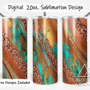 May include: Three 20oz sublimation tumblers with a design of abstract copper, gold, and turquoise paint strokes.  The text "9 Free Designs Included" is at the bottom of the image.