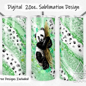 May include: A sublimation design for a 20oz tumbler featuring a panda bear climbing a tree with green and white paw prints on a green glitter background. The design includes the text "Digital 20oz. Sublimation Design".