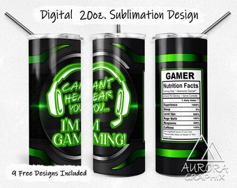 Video Gamer - Digital 20oz Skinny Tumbler Wrap Cant Hear You Gaming Seamless Tapered Straight Sublimation Design PNG Instant Download