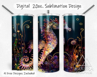 Seahorse - Digital 20oz Skinny Tumbler Wrap Colorful Ocean Sea Floral Seamless Tapered Straight Sublimation Design PNG Instant Download
