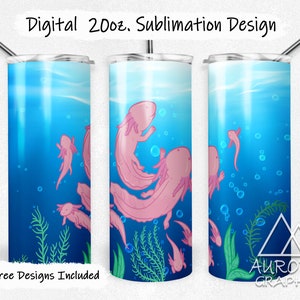 Op de afbeelding: Een sublimatieontwerp voor een 20 oz tumbler met roze axolotls die zwemmen in blauw water met bubbels. Het ontwerp bevat groene zeewier en de tekst "Aurora Graphix".