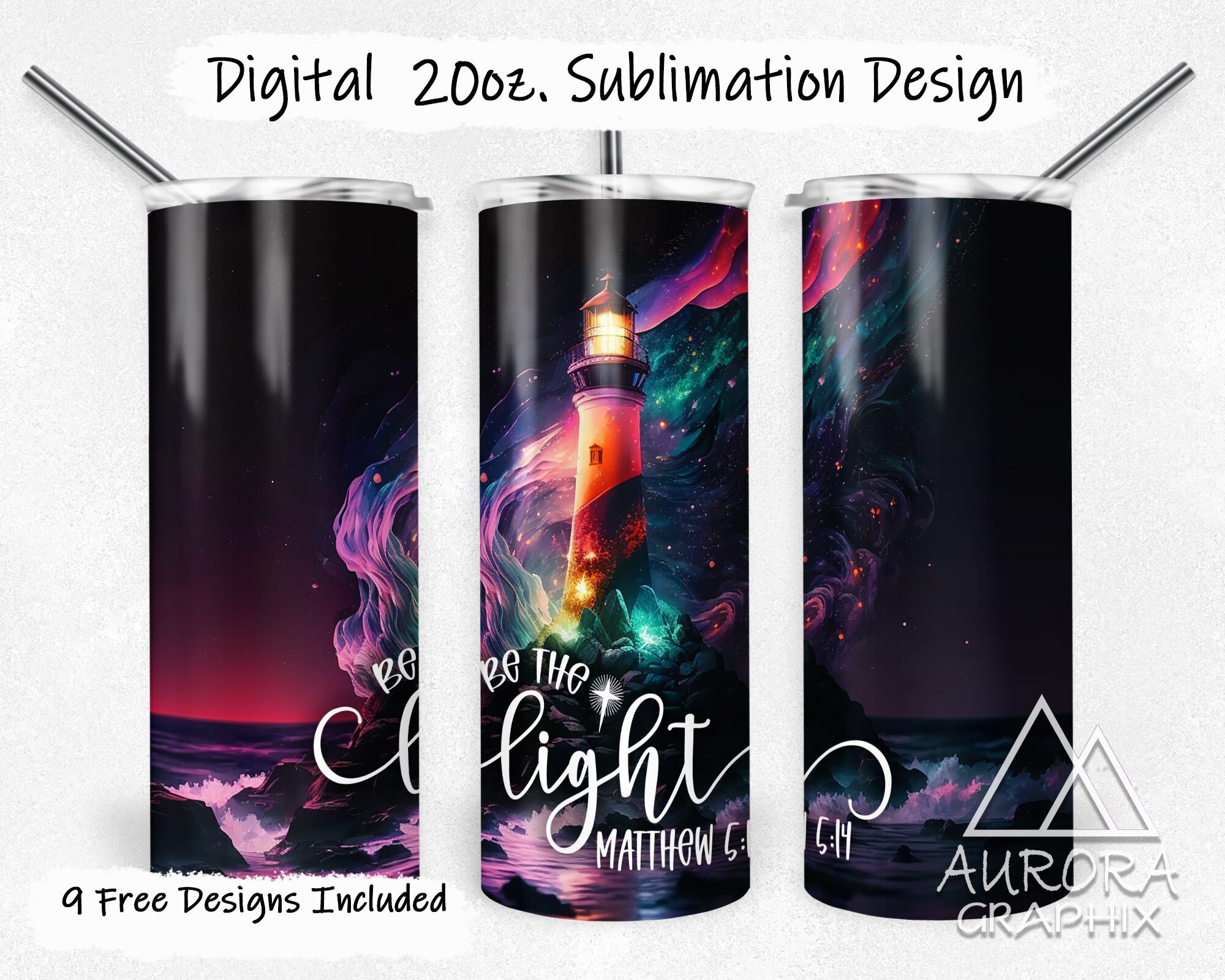 Lighthouse - Digital 20oz Skinny Tumbler Wrap Magical Fantasy Galaxy Be The Light Tapered Straight Sublimation Design PNG Instant Download