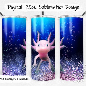 Op de afbeelding: Een roze axolotl met gevederde kieuwen zwemt in een blauwe en paarse glitterachtergrond. De afbeelding is voor een 20oz sublimatiebekerontwerp. De tekst "9 Free Designs Included" staat onderaan.