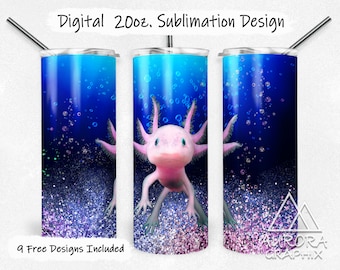 Axolotl - Digital 20oz Skinny Tumbler Wrap Under The Sea Ocean Scene Tapered Straight Sublimation Design PNG Instant Download