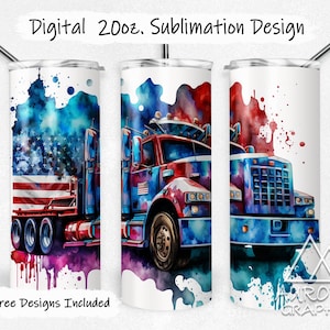 Semi-Truck - Digital 20oz Skinny Tumbler Wrap Diesel Trucker American Flag Seamless Tapered Straight Sublimation PNG Instant Download