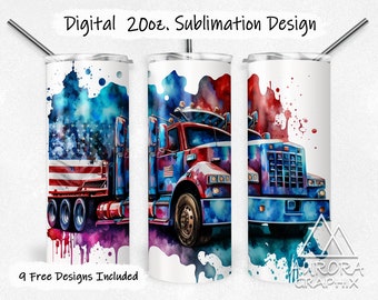 Semi-Truck - Digital 20oz Skinny Tumbler Wrap Diesel Trucker American Flag Seamless Tapered Straight Sublimation PNG Instant Download