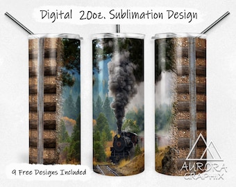 Train - Digital 20oz Skinny Tumbler Wrap Steam Engine Seamless Tapered Straight Design Design PNG Instant Download